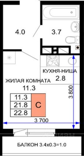 Продажа квартиры-студии 22,8 м², 3/16 этаж