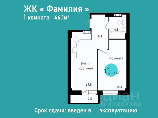 Продажа 1-комнатной квартиры 46,8 м², 1/10 этаж