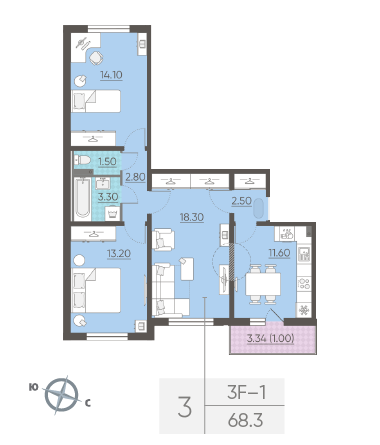 Продажа 3-комнатной квартиры 67,7 м², 2/26 этаж