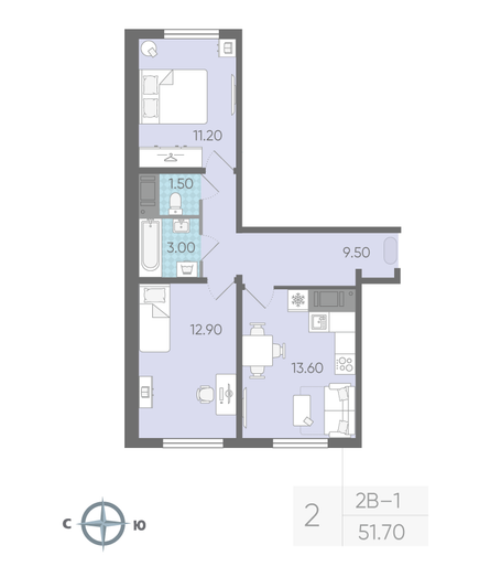 Продажа 2-комнатной квартиры 51,7 м², 4/16 этаж