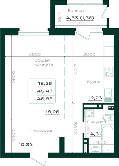 Продажа 1-комнатной квартиры 46,8 м², 9/21 этаж