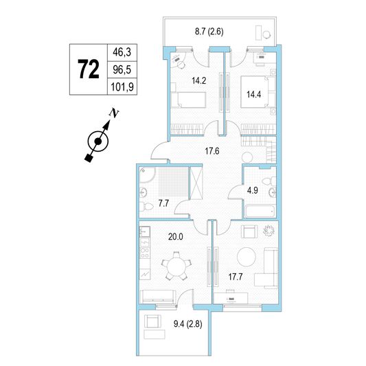 Продажа 3-комнатной квартиры 101,9 м², 2/4 этаж