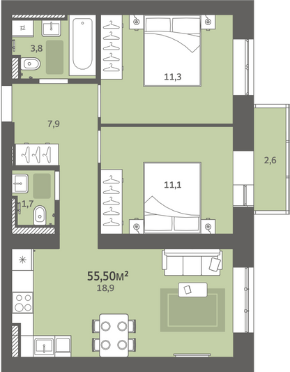 Продажа 2-комнатной квартиры 55,5 м², 9/9 этаж