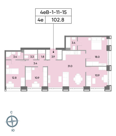 Продажа 4-комнатной квартиры 102,8 м², 12/52 этаж