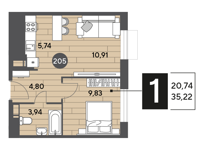 Продажа 1-комнатной квартиры 35,2 м², 11/15 этаж