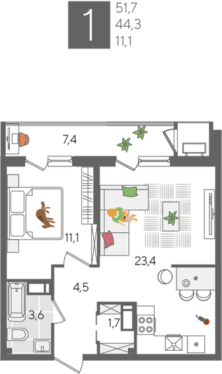 Продажа 1-комнатной квартиры 51,7 м², 24/24 этаж