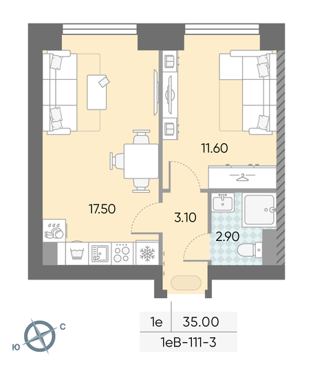 Продажа 1-комнатной квартиры 35,1 м², 3/58 этаж