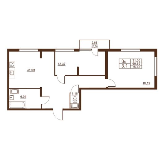 Продажа 3-комнатной квартиры 70,7 м², 7/11 этаж