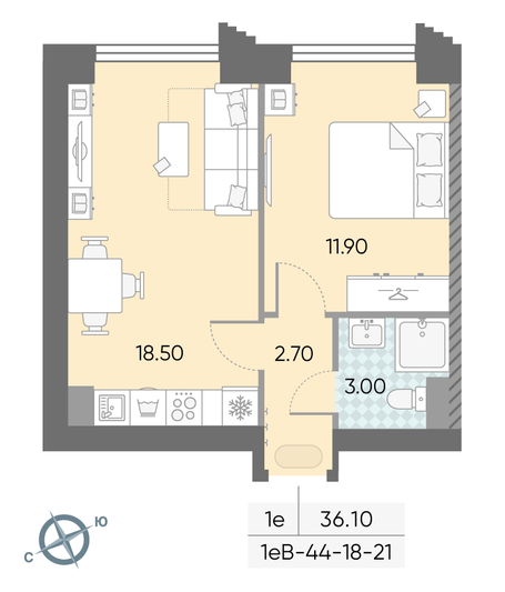 Продажа 1-комнатной квартиры 36,1 м², 20/58 этаж