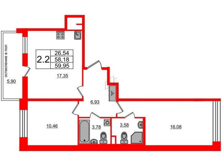 Продажа 2-комнатной квартиры 58,2 м², 2/12 этаж
