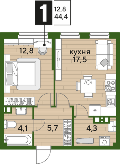 Продажа 1-комнатной квартиры 44,4 м², 4/16 этаж