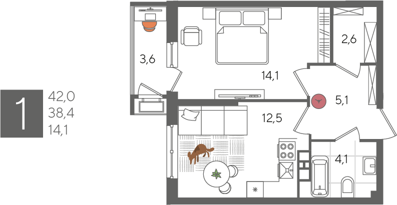 Продажа 1-комнатной квартиры 42 м², 9/24 этаж