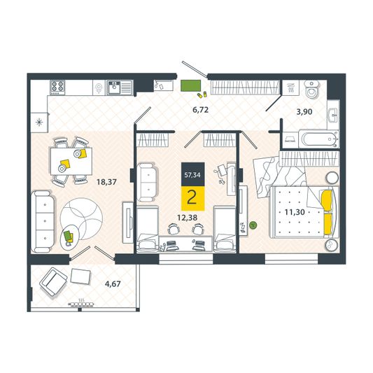 Продажа 2-комнатной квартиры 57,3 м², 5/8 этаж