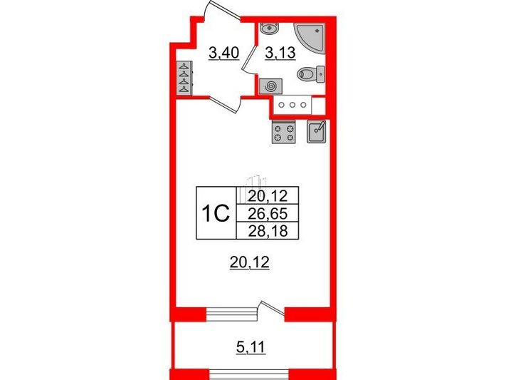 Продажа квартиры-студии 26,6 м², 11/12 этаж