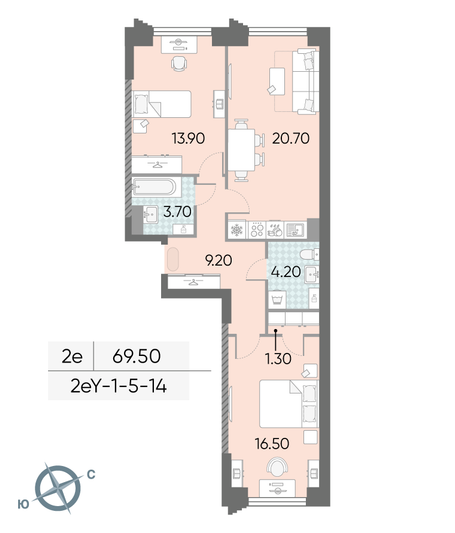 Продажа 2-комнатной квартиры 69,5 м², 6/58 этаж