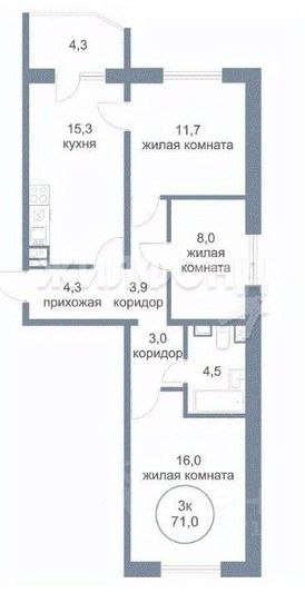 Продажа 3-комнатной квартиры 71 м², 6/16 этаж