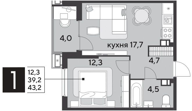 Продажа 1-комнатной квартиры 43,2 м², 4/18 этаж