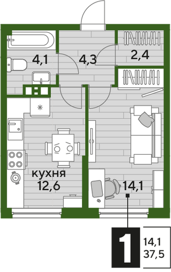 Продажа 1-комнатной квартиры 37,5 м², 5/19 этаж