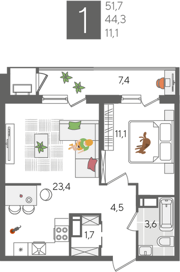 Продажа 1-комнатной квартиры 51,7 м², 24/24 этаж