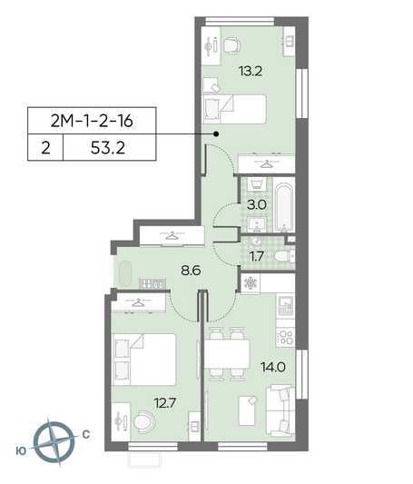 Продажа 2-комнатной квартиры 53,2 м², 14/24 этаж