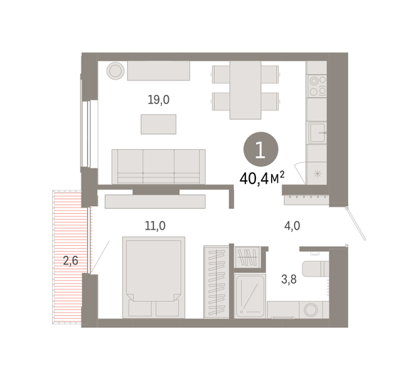 Продажа 1-комнатной квартиры 40,4 м², 6/7 этаж