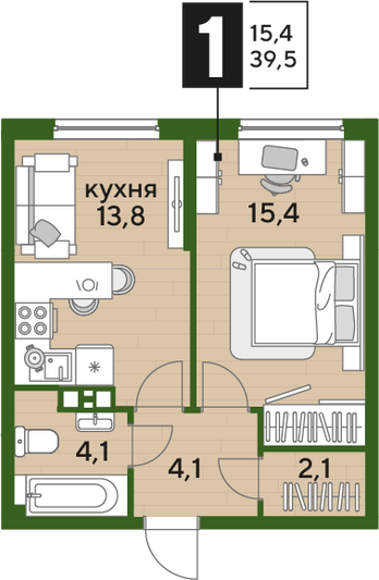 Продажа 1-комнатной квартиры 39,5 м², 6/16 этаж