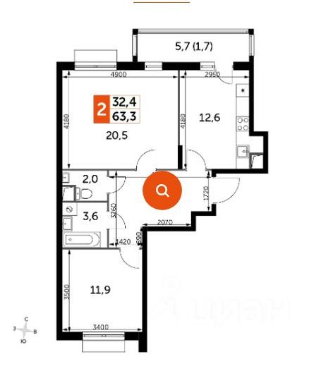 Продажа 2-комнатной квартиры 63,3 м², 3/11 этаж