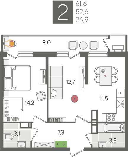 Продажа 2-комнатной квартиры 61,6 м², 24/24 этаж