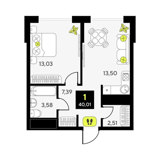 Продажа 1-комнатной квартиры 40 м², 13/14 этаж