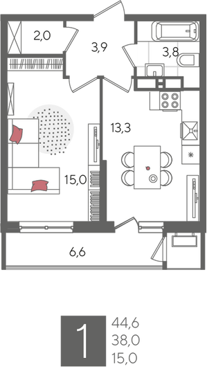 Продажа 1-комнатной квартиры 44,6 м², 23/24 этаж