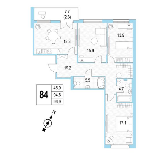 Продажа 3-комнатной квартиры 96,9 м², 2/4 этаж