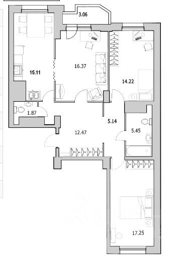 Продажа 3-комнатной квартиры 90,5 м², 13/25 этаж