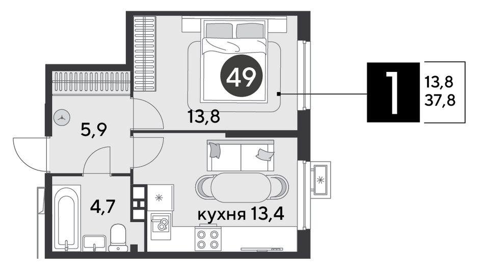Продажа 1-комнатной квартиры 37,8 м², 6/18 этаж