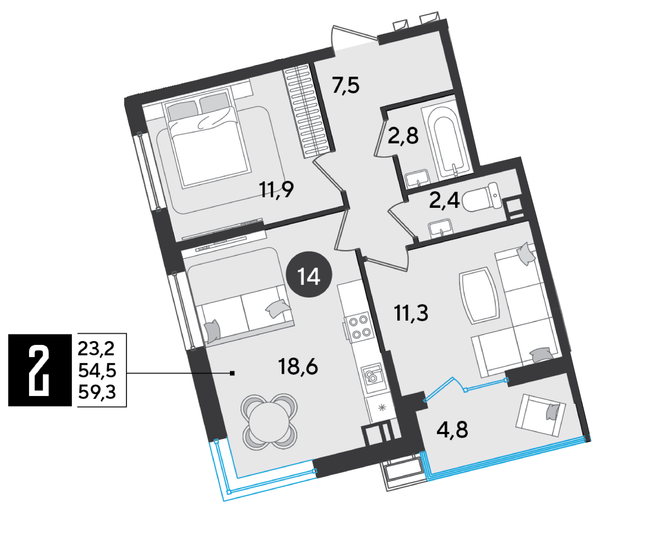 Продажа 2-комнатной квартиры 59,3 м², 3/16 этаж