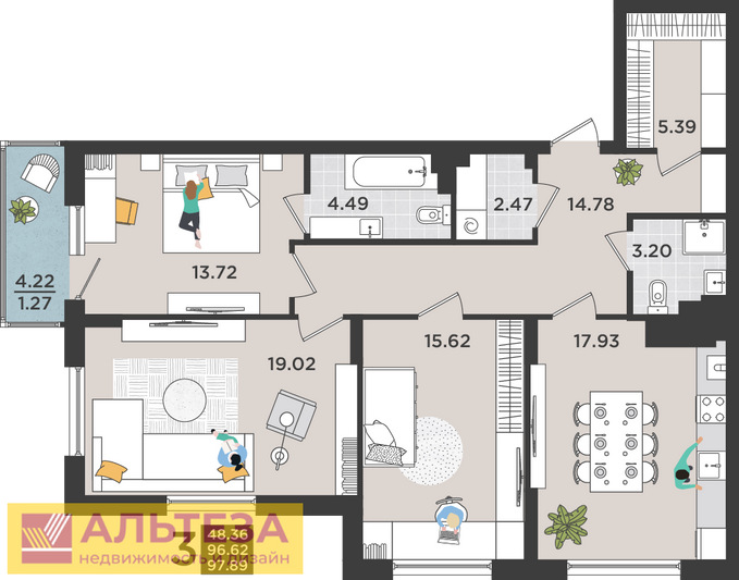 Продажа 3-комнатной квартиры 97,9 м², 1/7 этаж