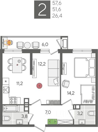 Продажа 2-комнатной квартиры 58 м², 6/25 этаж