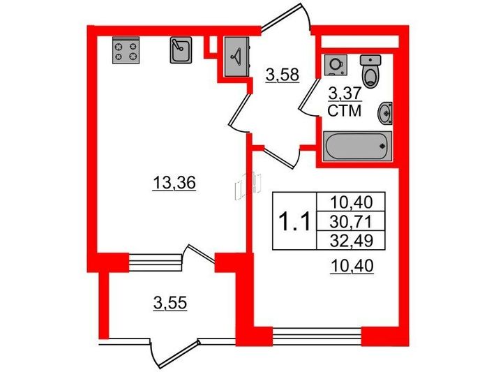 Продажа 1-комнатной квартиры 30,7 м², 1/4 этаж