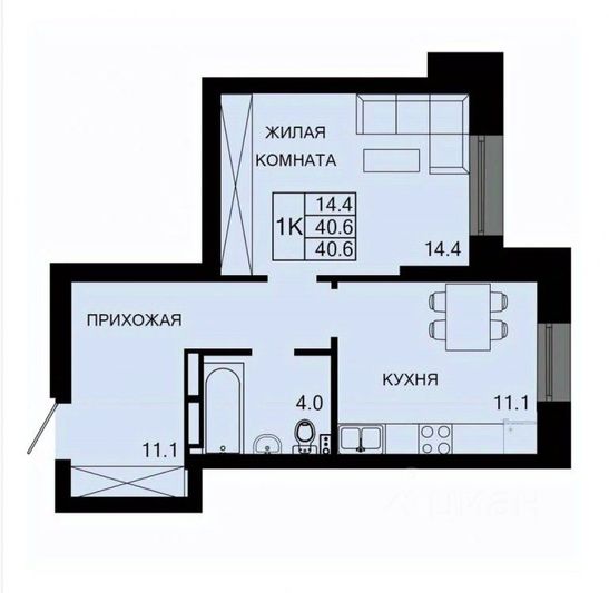 Продажа 1-комнатной квартиры 40,6 м², 1/9 этаж