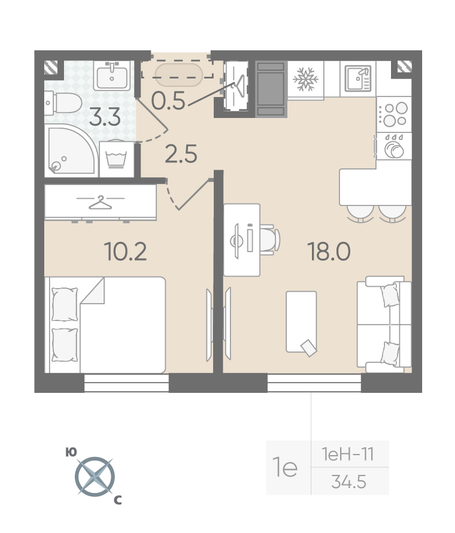 Продажа 1-комнатной квартиры 34,5 м², 9/22 этаж