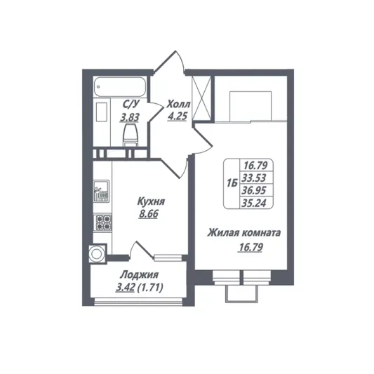 Продажа 1-комнатной квартиры 35,2 м², 7/8 этаж