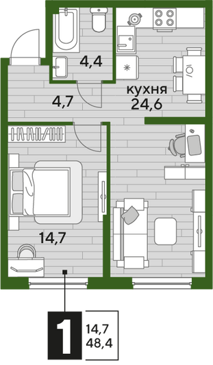 Продажа 1-комнатной квартиры 48,4 м², 2/16 этаж