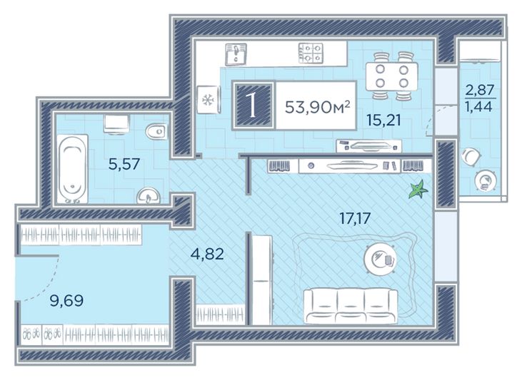 Продажа 1-комнатной квартиры 53,9 м², 2/18 этаж