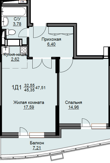 Продажа 1-комнатной квартиры 47,5 м², 16/17 этаж