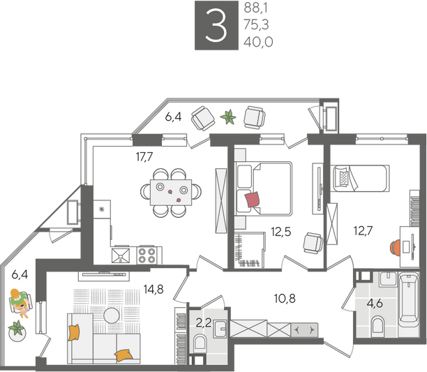 Продажа 3-комнатной квартиры 88,1 м², 10/24 этаж