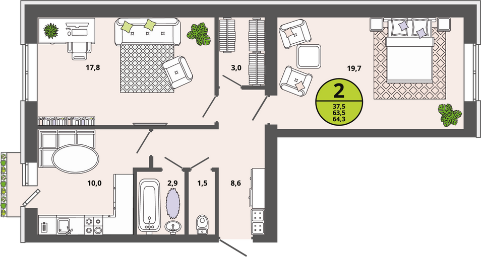 Продажа 2-комнатной квартиры 63,5 м², 2/3 этаж