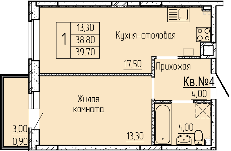 Продажа 1-комнатной квартиры 38,9 м², 1/4 этаж