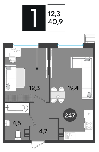 Продажа 1-комнатной квартиры 40,9 м², 3/9 этаж