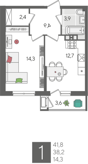 Продажа 1-комнатной квартиры 41,8 м², 5/24 этаж