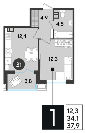 Продажа 1-комнатной квартиры 37,9 м², 5/9 этаж