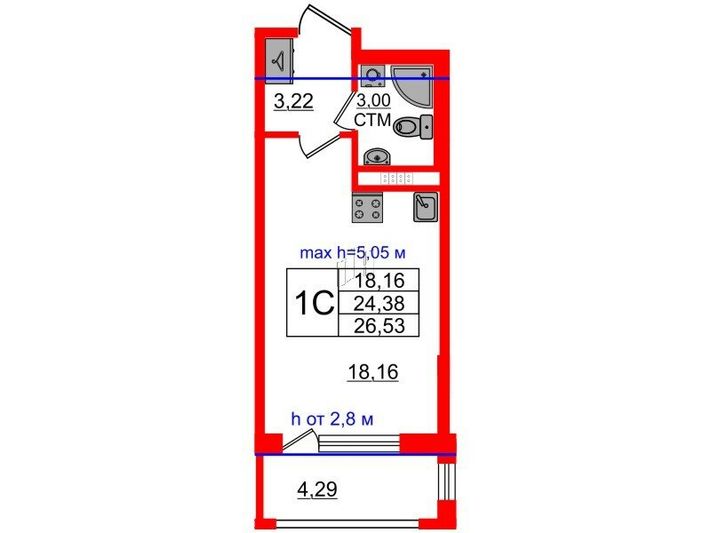 Продажа квартиры-студии 24,4 м², 4/4 этаж